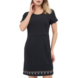 DESIGUAL  Pinstripe Lace Shoulder & Embroidered Hem Black Sheath LBD Dress EU 40